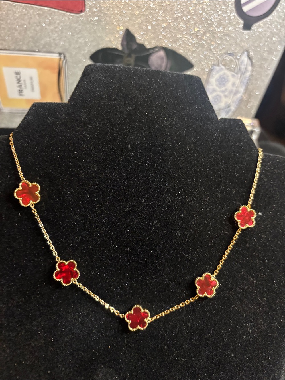 17.5” Gold Floral Station Necklace with Red Enamel Clover Charms